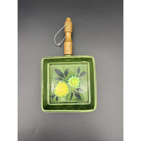 Unmarked Other - Vintage MCM Green Ceramic Shamrock Candy Dish Wood Handle Celtic Knot Clover Ptn